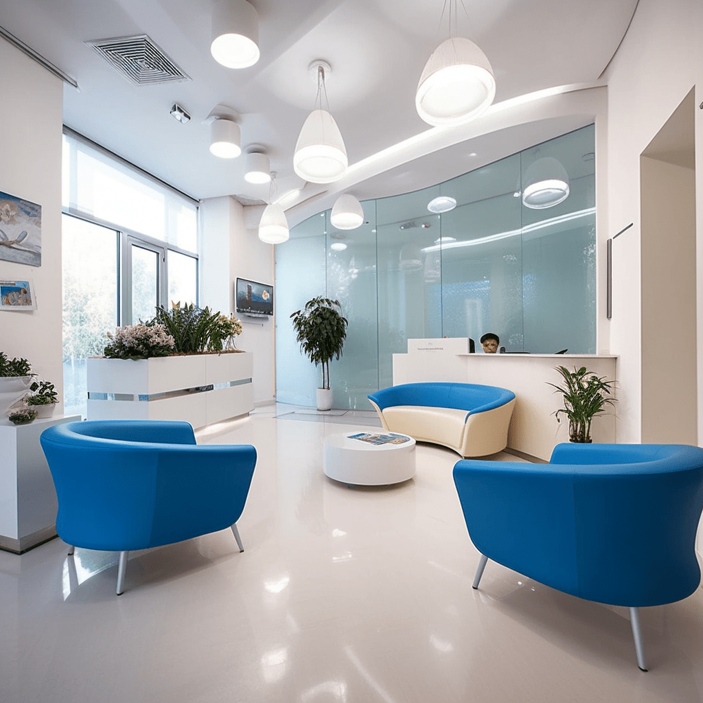 create a photo of the dental clinic of the reception with blue d660fc9b 5ef6 49ba a095 ea8fcdd91fd3